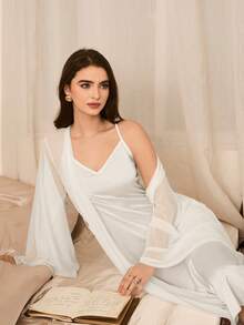 Moireta Elegant Mature Charming Mesh Robe V-Neck Satin Nightgown Solid Color Women Pajama Set, Valentine's Day - White - View 4
