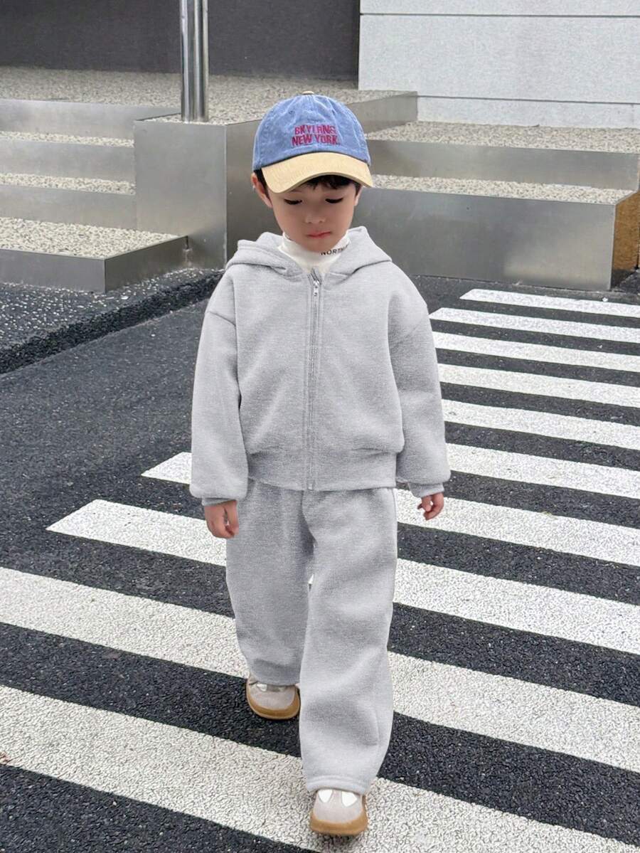 2 piezas Conjunto de chaqueta de punto y pantalones para niños pequeños, estilo universitario, cómodo y sencillo, de moda, práctico, de estilo japonés y surcoreano, fácil de combinar, suave y cómodo, adecuado para juegos al aire libre, atuendos escolares, vuelta al colegio, uso diario, viajes, deportes, otoño e invierno