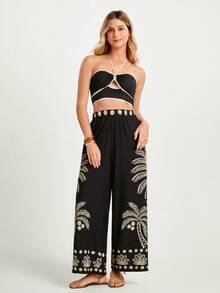 CAJUNI x Carol Peixinho Sommerliche Boho-Hose für Damen: Stilvolle, weite Hose mit handgefertigtem Palmenmuster, lange Strandhose, Boho-Hose - Schwarz - Übersicht 4