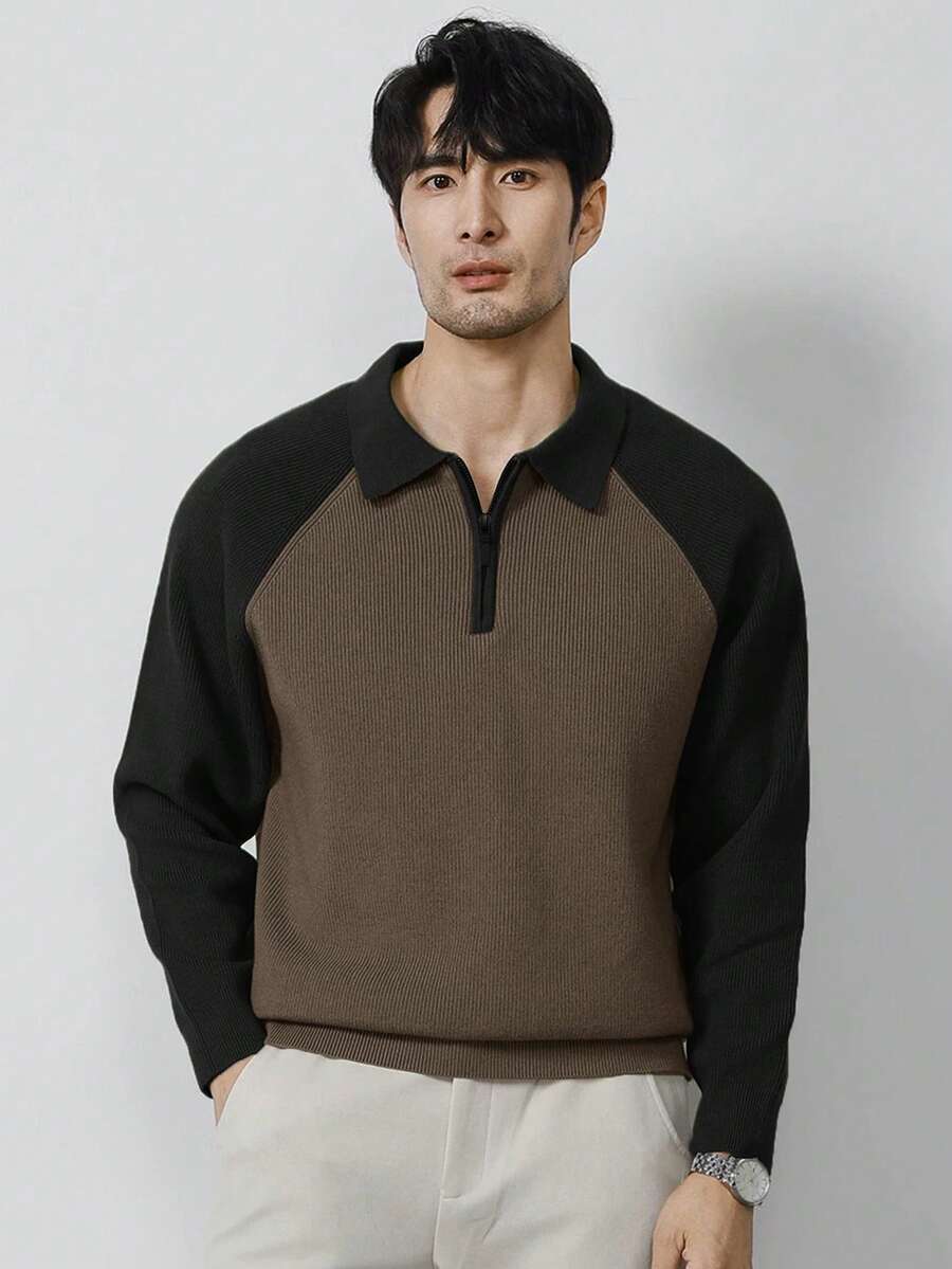 Manfinity Hypemode Men's Casual Colorblock Sweater For Autumn & Winter, Long Sleeve Top - Khaki - View 1