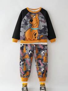 SCOOBY-DOO X SHEIN 2pcs/Set Young Boy Casual Dog Print Camouflage Contrast Raglan Sleeve Crew Neck Sweatshirt And Sweatpants Set - Multicolor - View 1