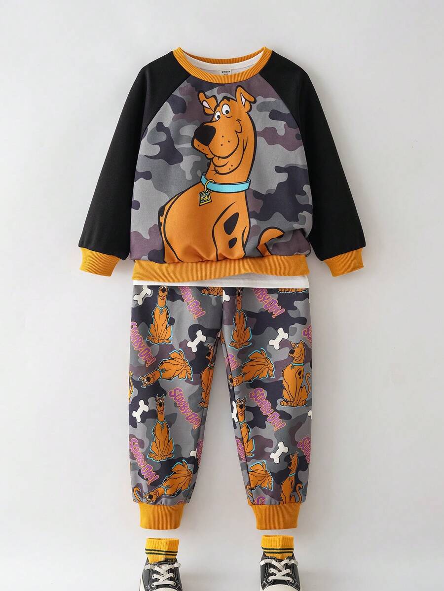 SCOOBY-DOO X SHEIN 2pcs/Set Young Boy Casual Dog Print Camouflage Contrast Raglan Sleeve Crew Neck Sweatshirt And Sweatpants Set - Multicolor - View 1