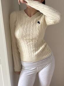 CovetEZ Women's Casual V-Neck Long Sleeve Knit Sweater With Knight Pattern And Stripes, Autumn/Winter Casual Everyday Wear Minimalist Style Sweater,Tops For School In Fall/Winter