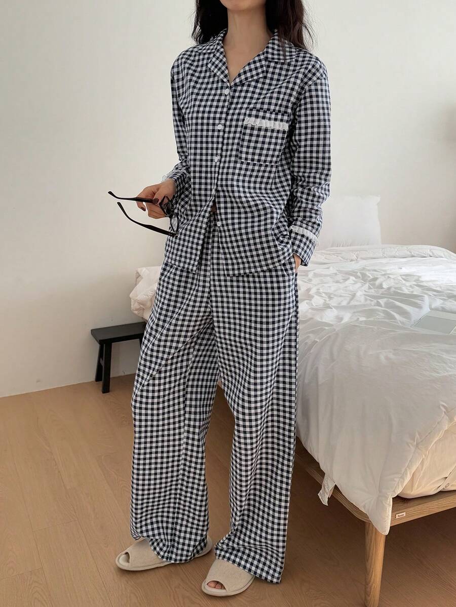 DAZY Women's Plaid Print Patchwork Pocket Ruffle Trim Long Sleeve Top And Pants Pajama Set, Spring/Autumn, Winter Clothes - Blue and White - View 1