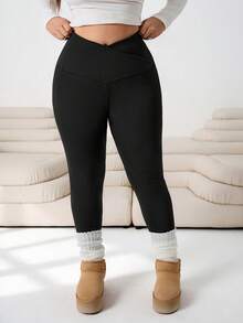 Solflare Plus Size Casual Solid Color Slim Fit Pants/Winter - Black - View 6