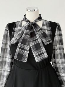 Sunspun 大码女式新款优雅复古休闲系领蝴蝶结泡泡袖格子袖口荷叶边下摆长袖度假连衣裙，适合外出、日常穿着、感恩节、新年派对、返校、生日派对、音乐节、情人节等场合。 - 彩色 - 查看 8