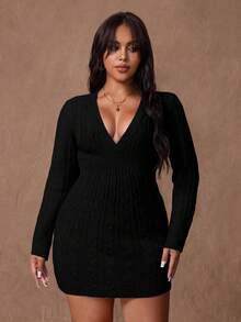 Vestido de suéter con cuello en V profundo y trenzado para mujer de talla grande, otoño/invierno - Negro - Ver 3