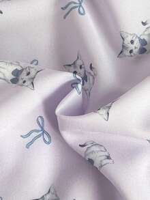 SHEIN 3件套女童柔软顺滑睡衣套装，时尚可爱猫咪蝴蝶结印花袖口、下摆、领口撞色荷叶边长袖开衫和长裤，含眼罩，睡衣 - 紫色 - 查看 6