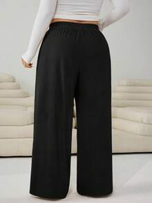 Solflare Plus Size Black Corduroy Pants With Embroidery Figure Detail Casual Long Straight Leg Trousers,Fall /Autumn/Winter,Christmas,New Year,Thanksgiving,Party,Wedding,Beach,Graduati,Chic,Elegant,Casual,Going Out,Date,Appointment,Commute - Black - View 2