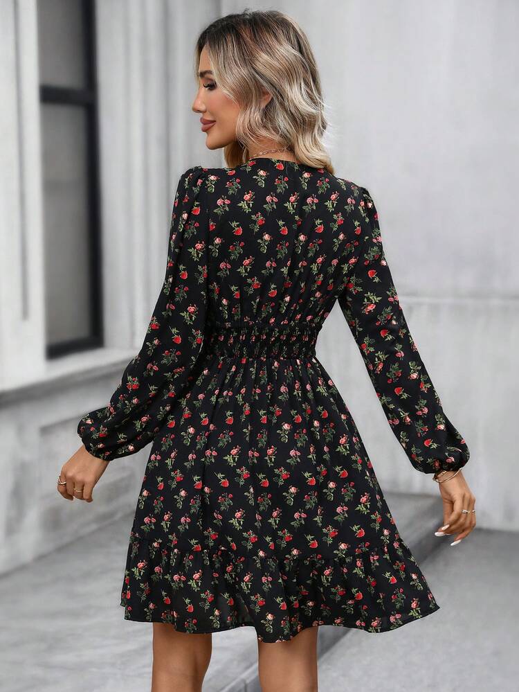 Women's Ditsy Floral V-Neck Lantern Sleeve Casual Short Dress Winter Dress Elegant Dresses For Women Casual Dresses For Women Black Floral Dress Long Sleeve Elegant Dress Black Elegant Dress Floral Elegant Dress Valentine's Day Women Outfit Date Night Going Out Dress