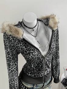 Elamini 女士灰色豹纹仿毛领拼接口袋连帽卫衣，修身版型，时尚百搭，适合通勤、休闲、上学、教师节等场合，秋冬季皆宜。 - 灰色 - 查看 6