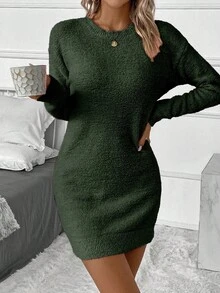 SHEIN LUNE Robe en tricot à col rond, épaules tombantes et manches longues, couleur unie, automne/hiver pour femmes - Militaire verte - Voir 3