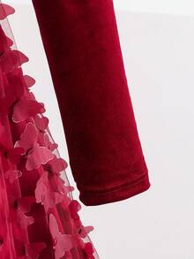Glamorique Kids Elegancka dziewczęca sukienka z okrągłym dekoltem i długim rękawem, aksamitna, z uroczą kokardką 3D i siateczką na dole, odpowiednia na Boże Narodzenie, przyjęcia świąteczne i do noszenia na co dzień, w kolorze czerwonym, jesień/zima/wiosna - Burgund - Zobacz 5