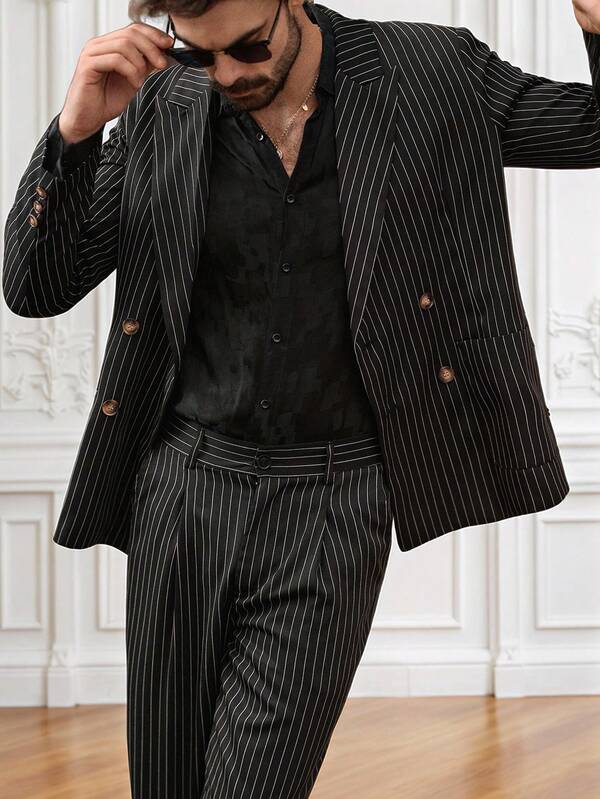 HIMLAND Herren Gentleman Business gestreifter Stehkragen Doppelreiher Anzugjacke und Hose Set