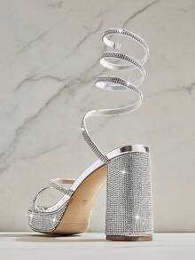SHUZIA #ClubReady Women's Rhinestone Spiral Strap Chunky Heel Platform Dress Sandals – Sparkly Party Glam, Statement Look. For Christmas Valentine's Day - Silver - View 6