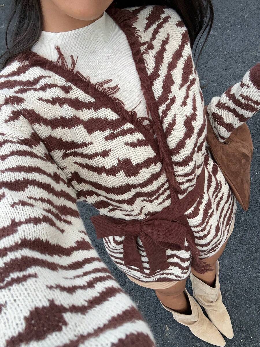 Flirla Cárdigan con cinturón de mujer con estampado de leopardo y cebra, de moda y versátil para otoño/invierno - Marrón - Ver 1