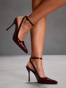 CUCCOO SZL Pointed Toe Stiletto High Heel Burgundy Faux Pearl Fabric Fashion Versatile Sexy Party Ankle Strap Women's High Heel Pumps For Christmas - Burgundy - View 3