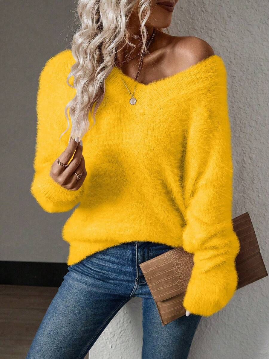 SHEIN LUNE Sweater Rajut Wanita Warna Kuning dengan Kerah V dan Bulu Cerpelai, Minimalis dan Serbaguna - Kuning - View 1