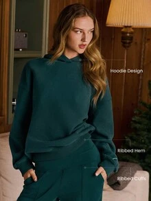 GLOWMODE Very Merry Heavyweight Fleece Soft Plush Relaxed Embroidered Hoodie Holiday Christmas Autumn Winter Outdoors Daily Casual Wear - 墨綠色 - 查看 4