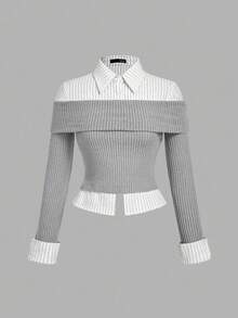 SHEIN MOD Plus Size Gray Knit Patchwork Striped 2 In 1 Top, Back To School. Sophisticated And Elegant 2 In 1 Top, Perfect For Office Wear. Elegant Office Attire - Grey - View 5