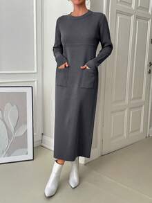 EURMUSE Women Solid Color Round Neck Pocket Detailed Maxi Sweater Dress - Grey - View 7