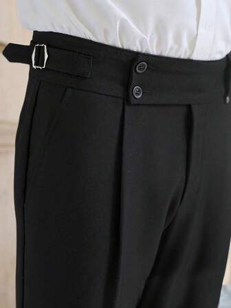 Manfinity Bizformal Men's Casual Pleated Slim Fit Solid Color Business Formal Dress Pants, Versatile For Work And Commute