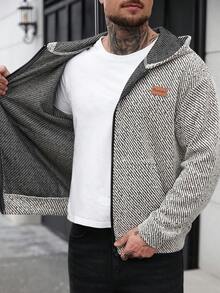Manfinity Homme Men's Mature Casual Zip-Up Hooded Sweatshirt In Black & Beige Herringbone Streetwear Zip Up Grey Zip Up Hoodie, Long Sleeve Top - Multicolor - View 6