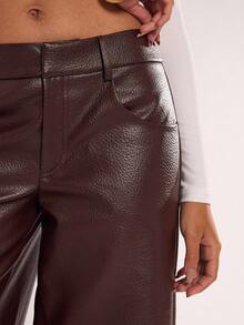 SHEIN BAE Quần ống rộng túi da PU trơn màu cho nữ - màu nâu - Xem 3