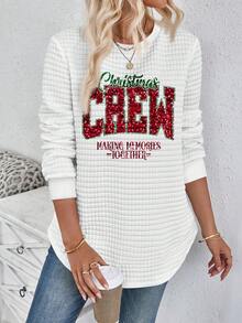 SHEIN LUNE 秋冬季圆领格子休闲白色舒适卫衣，弧形下摆和侧开衩设计 - 彩色 - 查看 3