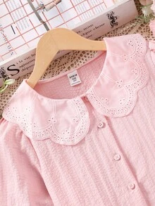 SHEIN Tween Girl Petal Collar Frill Crew Neck White Blouse, Suitable For Back To School,Holiday Summer Travel