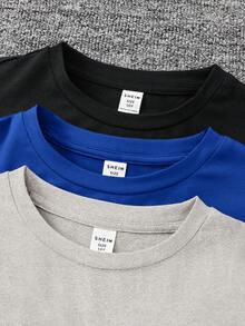 SHEIN Set de 3 camisetas gráficas casuales con letras para niño preadolescente, en negro, blanco y verde, adecuadas para ir al trabajo, la escuela, uso casual diario, deportes, otoño/invierno - azul real - Ver 3