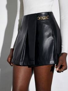 Aveloria Modichic Damen Mode Ketten Design weite plissierte Lässig PU Rock Hose