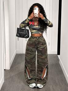 BamGleam Jeans de moda para mujer con camuflaje y remaches calados - Verde militar - Ver 1