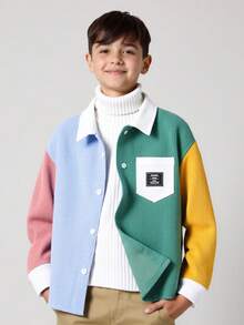 Kids Boy Casual Everyday Comfortable Patchwork Contrast Color Letter Embroidered Hooded Long Sleeve Woven Shirt, Suitable For School, Garden, Beach, Birthday, Spring, Summer, Fall, Winter