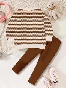 SHEIN Happikins Mocha Brown Striped, Minimalist Floral Print, Young Girl Casual Comfortable Soft Thick Warm Crew Neck Long Sleeve Sweatshirt And Leggings Set, Suitable For Autumn/Winter Everyday, Home, And Holidays - Multicolor - View 2