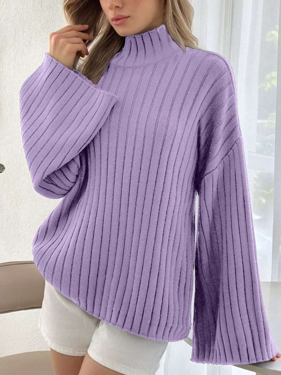 EURMUSE Women High Neck Flare Sleeve Rib Knit Comfy Sweater Pullover - Lilac Purple - View 1