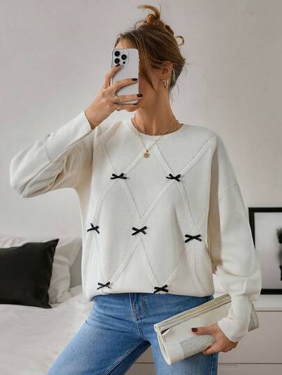 EURMUSE Women Oversized Crew Neck Long Sleeve Bow Decor Knit Sweater Co-Ord