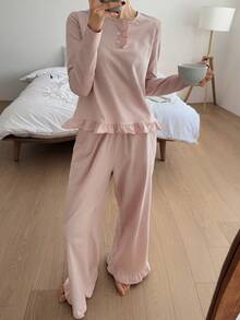 DAZY Conjunto de pijama de mujer con rayas y volantes, ropa de invierno - Rosa - Ver 3