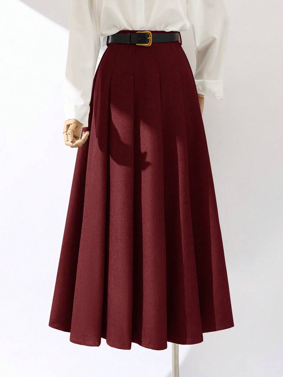 Sweetra 秋冬季优雅暖棕色百褶A字裙，修身剪裁，腰带点缀，独特设计感女裙 - 酒紅色 - 查看 1