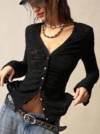 Bohemela Casual Solid Color Knit Lace Flare Sleeve Fitted Women Top