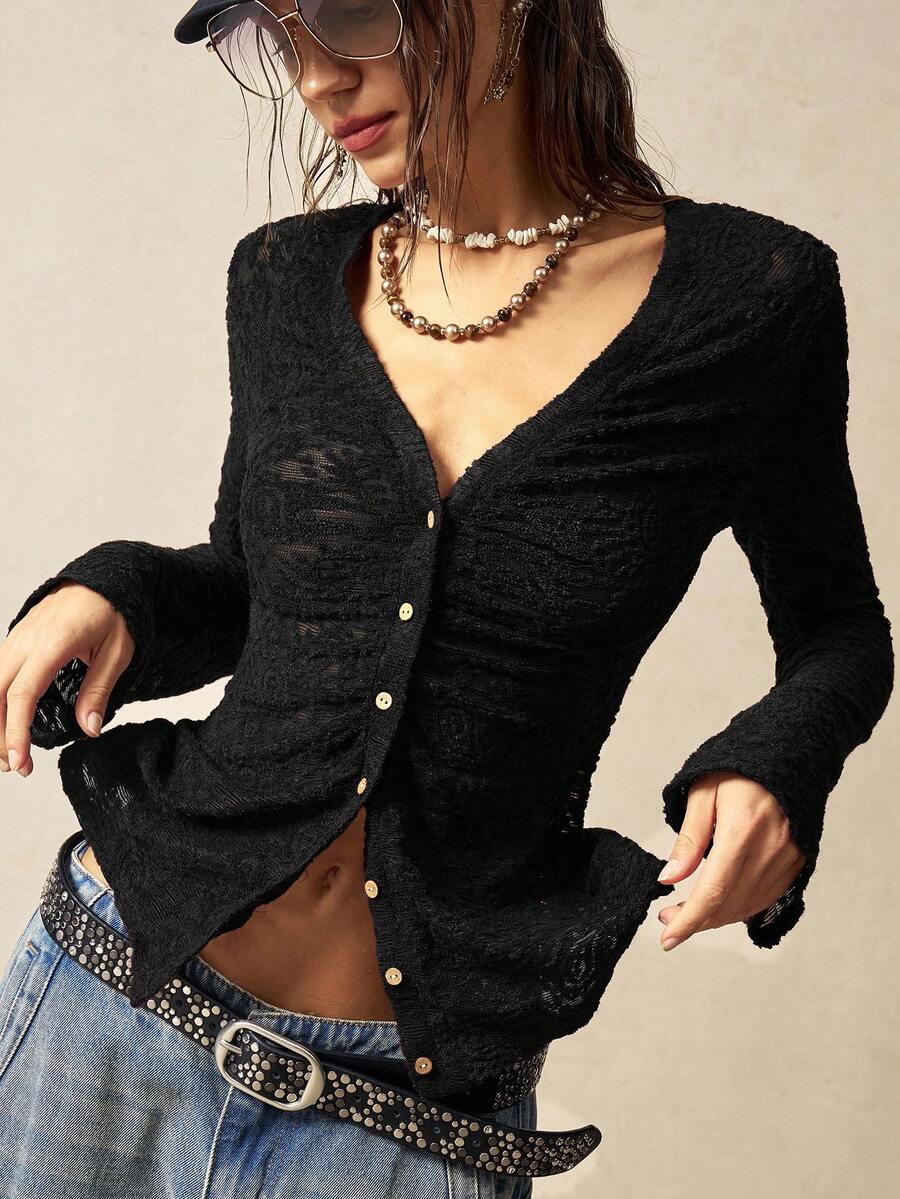 Bohemela Casual Solid Color Knit Lace Flare Sleeve Fitted Women Top - Black - View 1