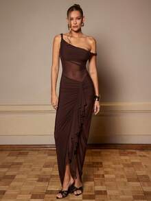 Silquee This Brown Stretch Mesh Dress Features An Asymmetrical Neckline, Sheer Waist, And A Ruffled Hem With A Slit, Creating A Sexy And Elegant Look Perfect For Spring/Summer, Valentine's Day, Christmas, Dates/Outings/Nightclub Parties/Gatherings, Elegant Parties/Casual Dates, Bridesmaid Dresses, Wedding Season, Cocktail Parties, And Other Occasions. - Coffee - View 5