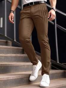 Manfinity Mode Men's Business Pleated Suit Pants, Slim Straight Leg Trousers, Casual Versatile Grey Slacks - Coffee Brown - View 3