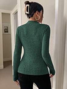 SHEIN Frenchy 高领罗纹针织纹理面料T恤 - 綠色 - 查看 2