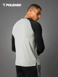 Acti Log Boyfriend Style Men Color Block Raglan Sleeve Sports Tee Workout Tops Long Sleeve Shirt Workout Tops Gym Top Fall Fall Breathable Fitted Shirt Fall Crew Neck - Grey - View 2