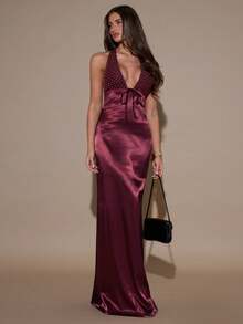 SHEIN BAE Damen Neckholder Binden Elegantes Kleid - Bordeaux - Übersicht 5