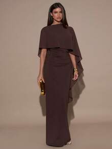 SHEIN BAE 女式优雅纯色修身连衣裙 - 咖啡棕 - 查看 4