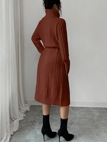 SHEIN Elenzya Damen Einfarbiges Binden-Taschen Elegantes Pulloverkleid - Braun - Übersicht 2