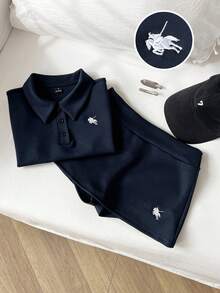 Elamini Women's Casual Polo Collar Horse Embroidery Fitted T-Shirt & Mini Low-Waist Skort Set - Navy Blue - View 1