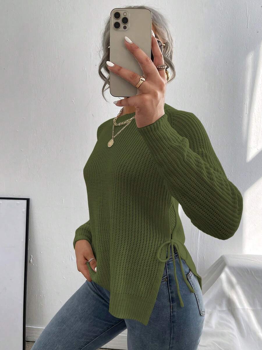 SHEIN LUNE Solid Color Round Neck Twist Front Split Hem Casual Long Sleeve Pullover Sweater - Army Green - View 1